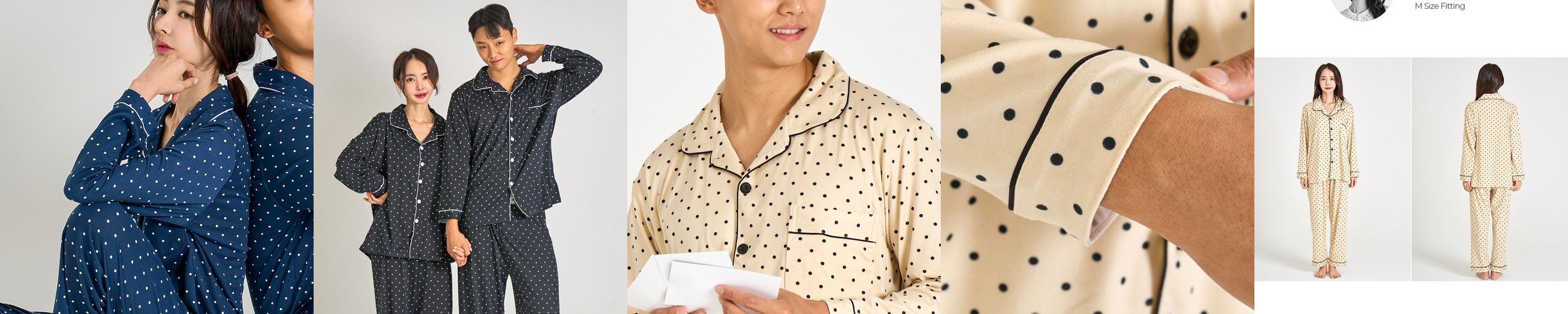 [에이원] 미니도트 남녀공용 피치기모 잠옷 카라 세트