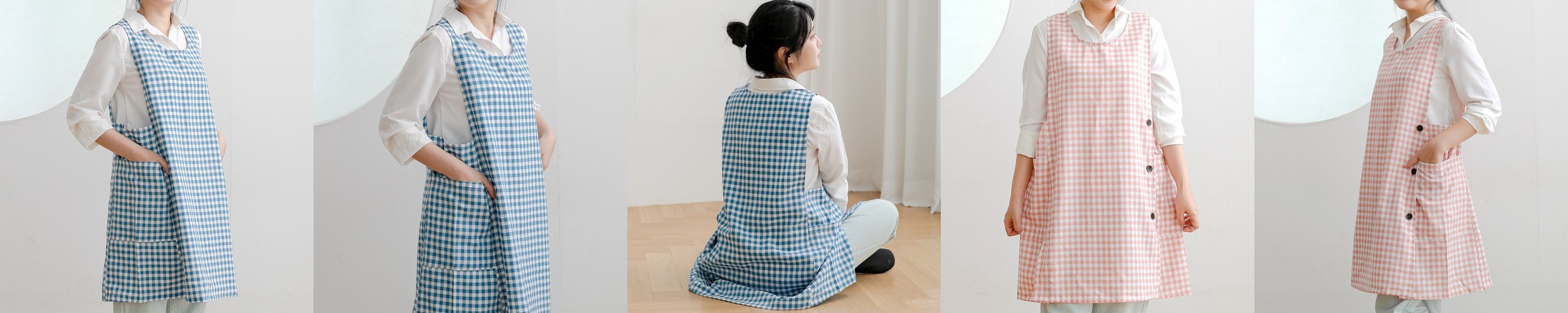 데코에버 여름 붐붐 체크 롱 원피스앞치마 옆주머니형 빅사이즈 어린이집 선생님 앞치마 77