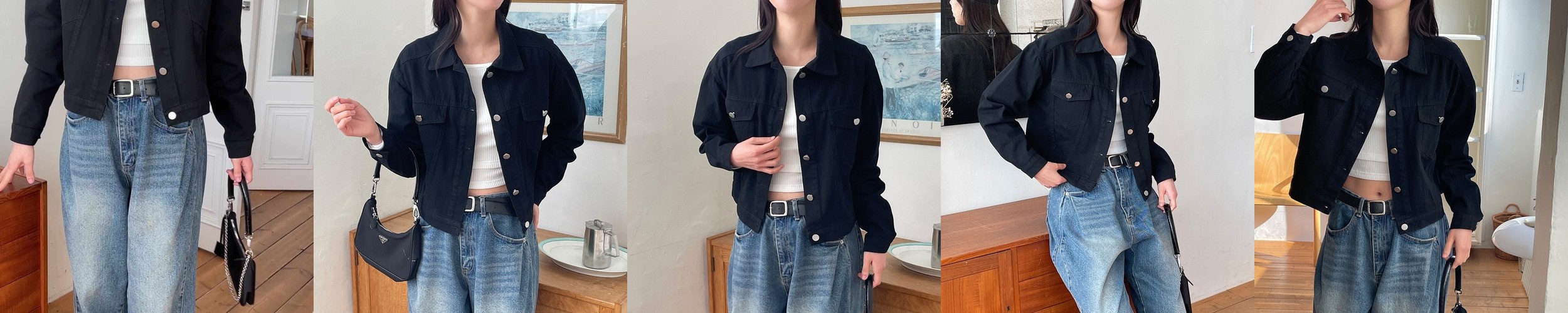 포켓 세미크롭 탄탄한 흑청 코튼 간절기 가을 남방 자켓 아이보리 블랙