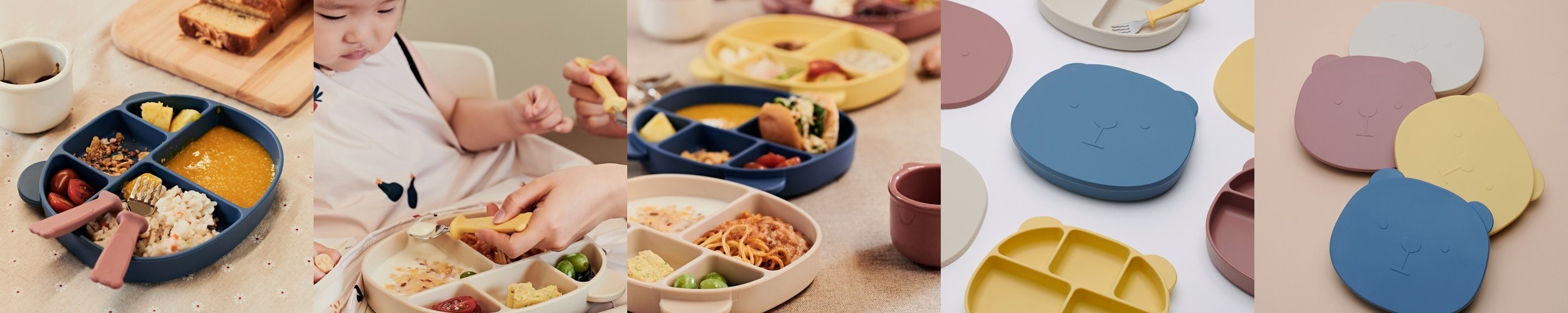 폴레드 키드키친 실리콘 5구 흡착 유아 아기 토핑 이유식 식판 식기(뚜껑 포함)