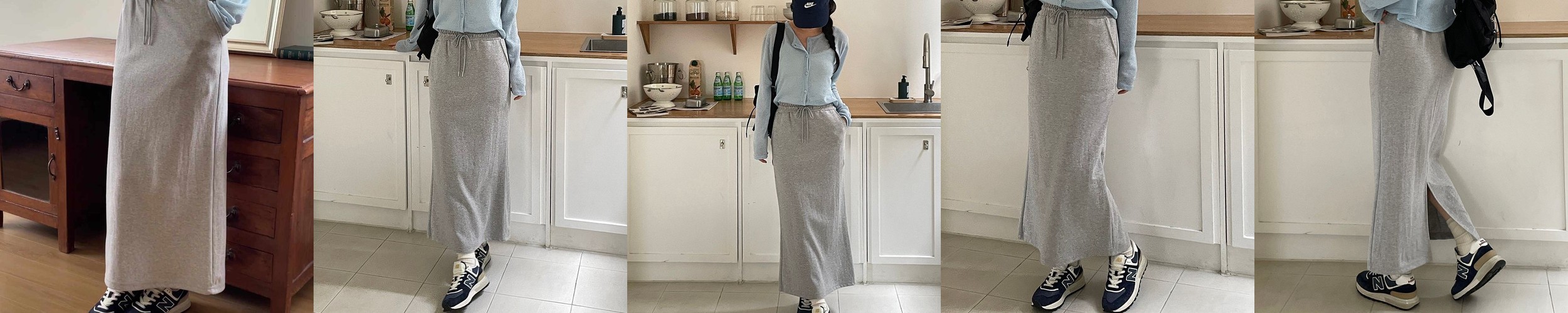 하이웨스트 슬릿 면 H라인 롱 봄 스커트 가을 치마 여성 고무줄 밴딩 치마