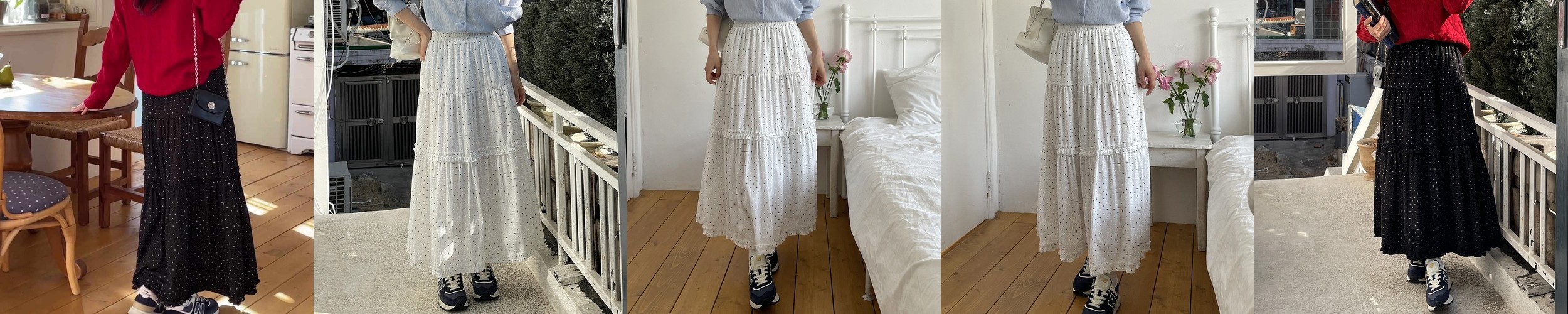 하이웨스트 땡땡이 맥시 도트 스커트 밑단 프릴 캉캉 밴딩 A라인 롱스커트