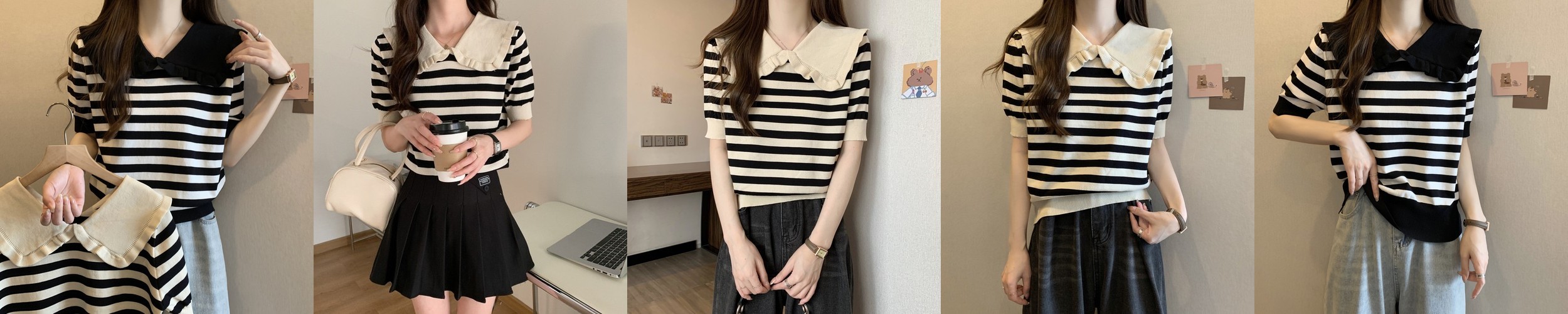 코티드 소프트 탄탄 봄 가을 멀티 배색 브이넥 스트라이프 니트