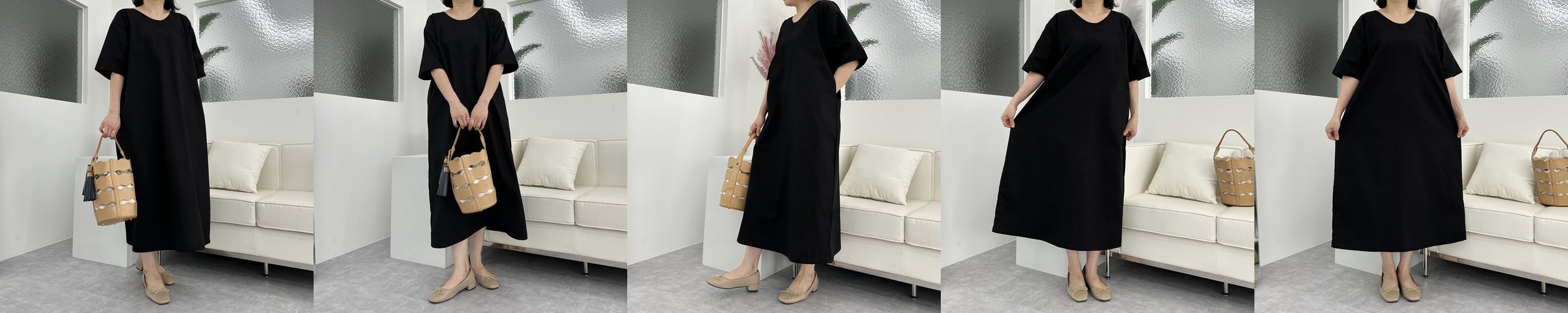 블러썸 도트 패턴 봄 여름 반팔 여리핏 브이넥 셔링 빅사이즈 휴양지 하객룩 롱원피스