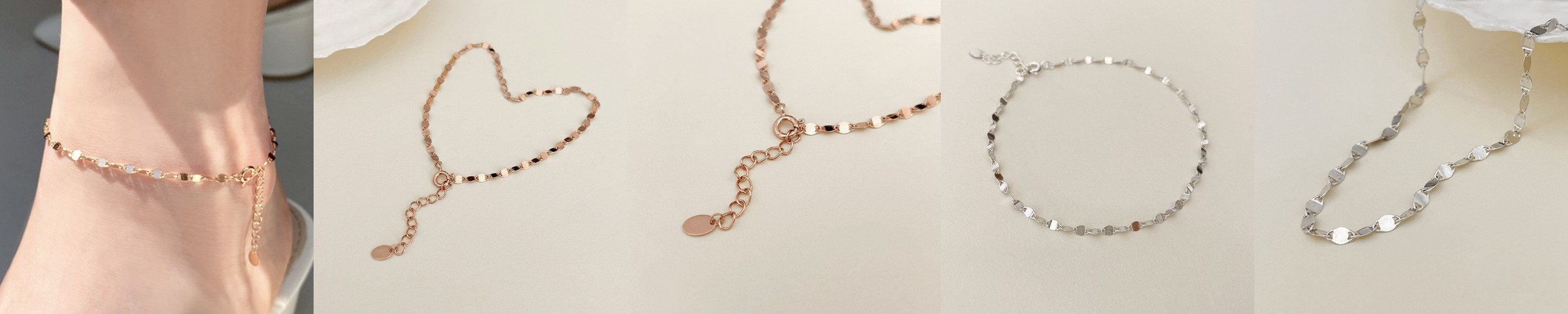 (무배/실버925) 14k 로즈골드 사각 믹스 체인 레이어드 발찌