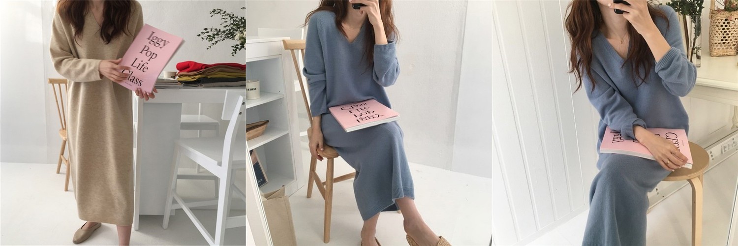 데일리 간절기 브이넥 니트 롱원피스 하객룩