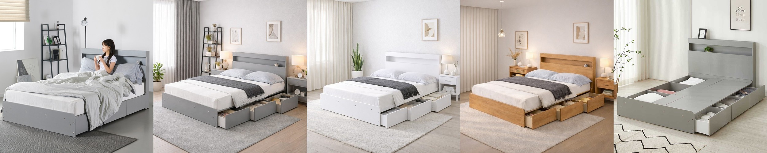 슬립퍼 허쉬 우드톤 LED 수납 호텔 침대 프레임 Q.K(퀸.킹겸용), 내추럴오크