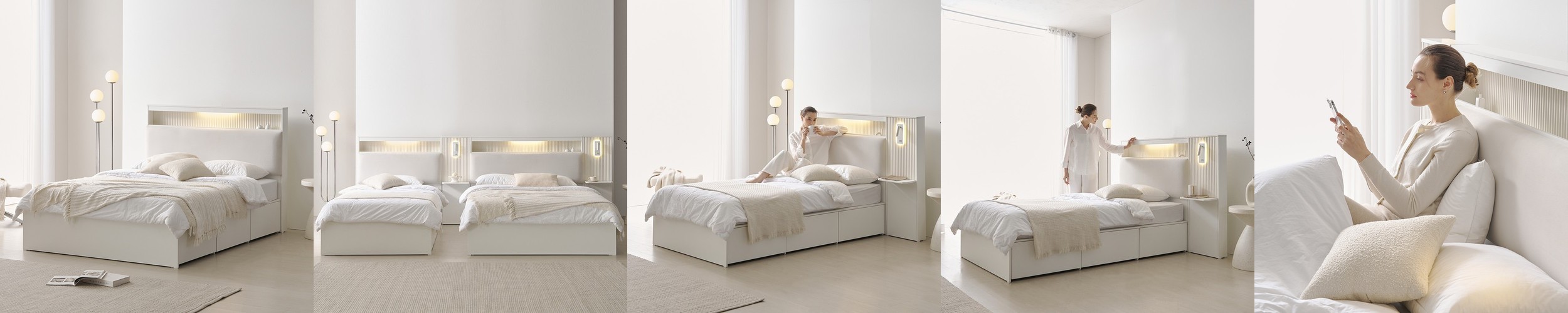 슬립퍼 허쉬 우드톤 LED 수납 호텔 침대 프레임 Q.K(퀸.킹겸용), 내추럴오크