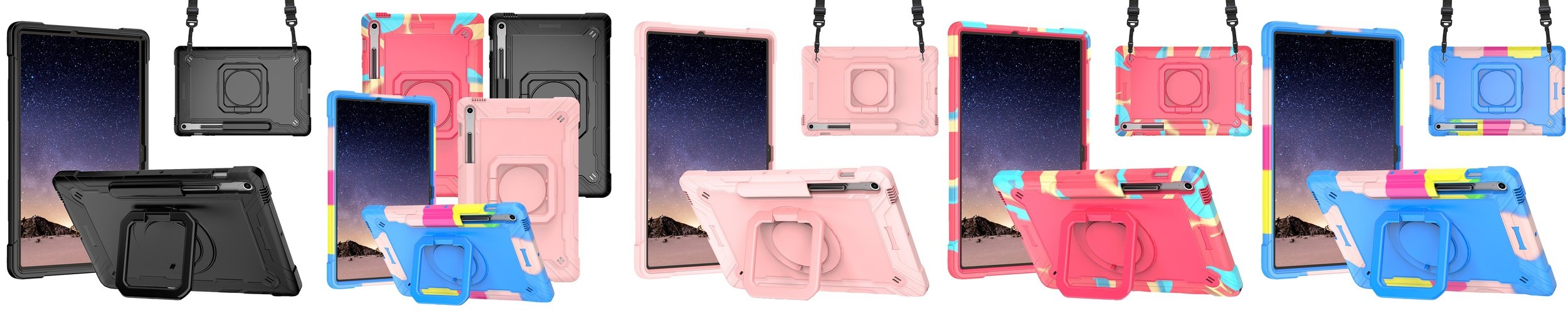 갤럭시탭 S10 FE 플러스 케이스 범퍼 회전 스퀘어 스트랩 아머 올블랙, 탭 S10 FE+