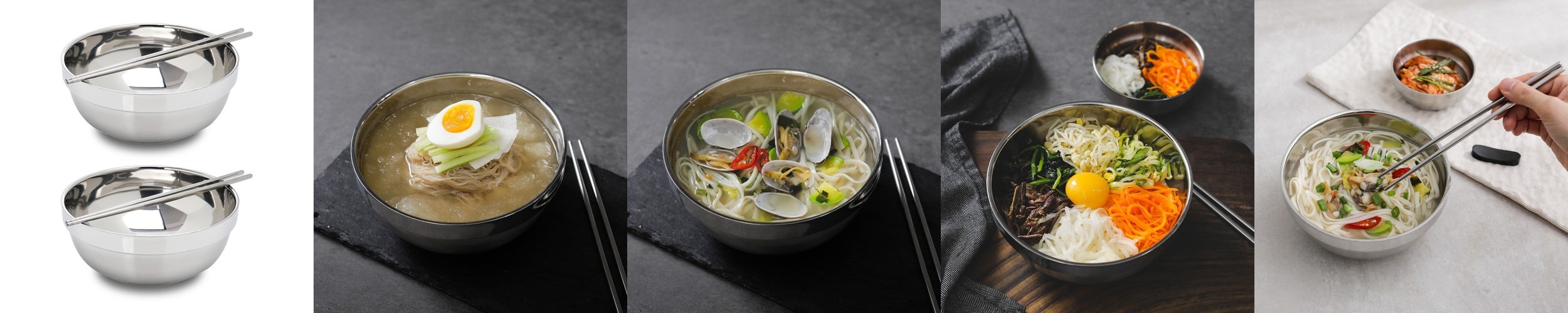 시샘 국 냉면 그릇 탕기 대 스텐 이중 칼국수 비빔밥 냉면기 20cm+젓가락 2세트