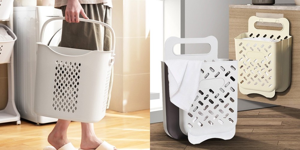 뚜껑 있는 바퀴달린 빨래 통 이동식 바퀴형 대용량 메쉬 세탁 바구니 화이트, 45L