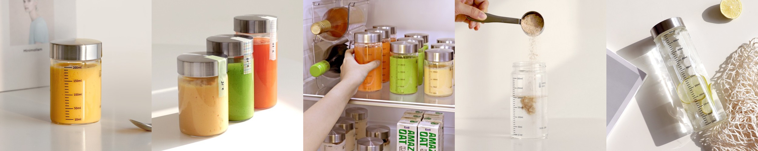 눈금유리병 내열유리 밀폐 주스병 우유병 두유 수제청 이유식 요거트 드레싱 300ml, 5개