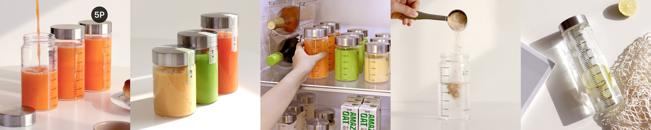 눈금유리병 내열유리 밀폐 주스병 우유병 두유 수제청 이유식 요거트 드레싱 300ml, 5개
