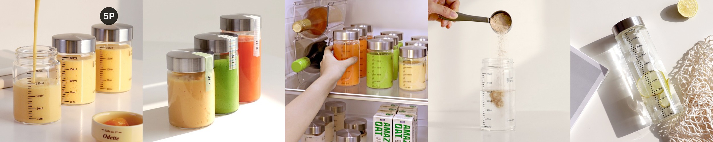 눈금유리병 내열유리 밀폐 주스병 우유병 두유 수제청 이유식 요거트 드레싱 300ml, 5개