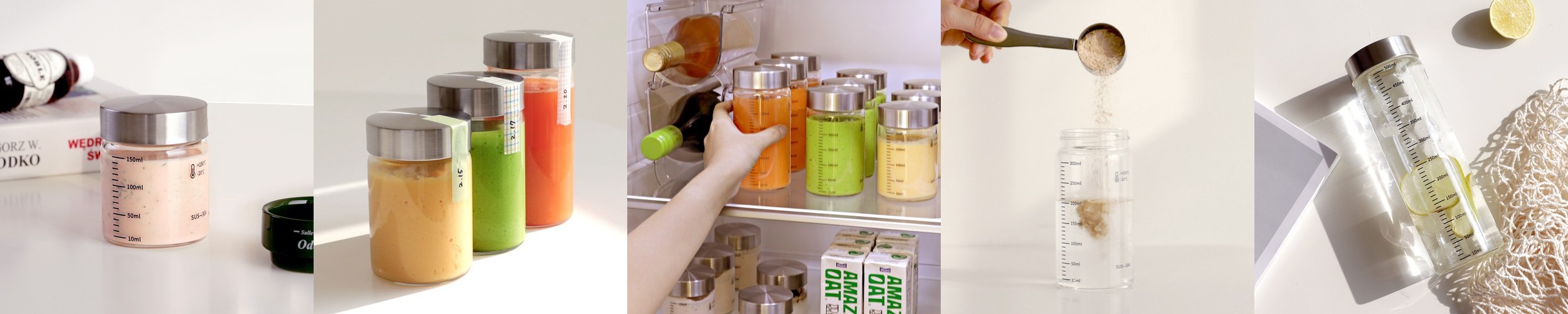 눈금유리병 내열유리 밀폐 주스병 우유병 두유 수제청 이유식 요거트 드레싱 300ml, 5개