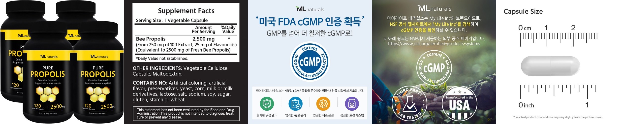 마이라이프내추럴스 퓨어 프로폴리스 2500mg 알약 120캡슐, 4개