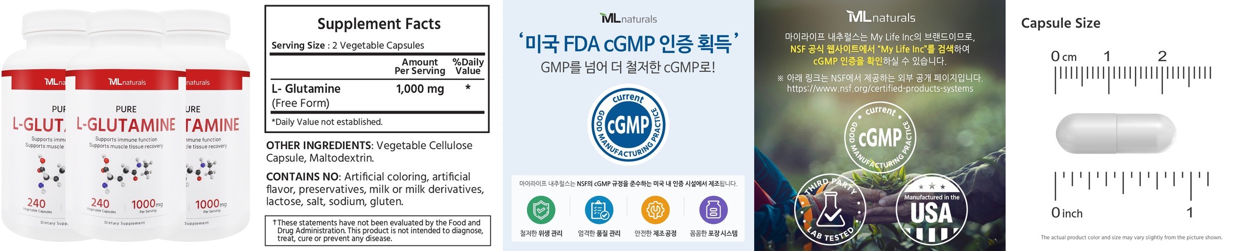 마이라이프 내추럴스 L 글루타민 엘 글루타민 1000mg 240정, 6개