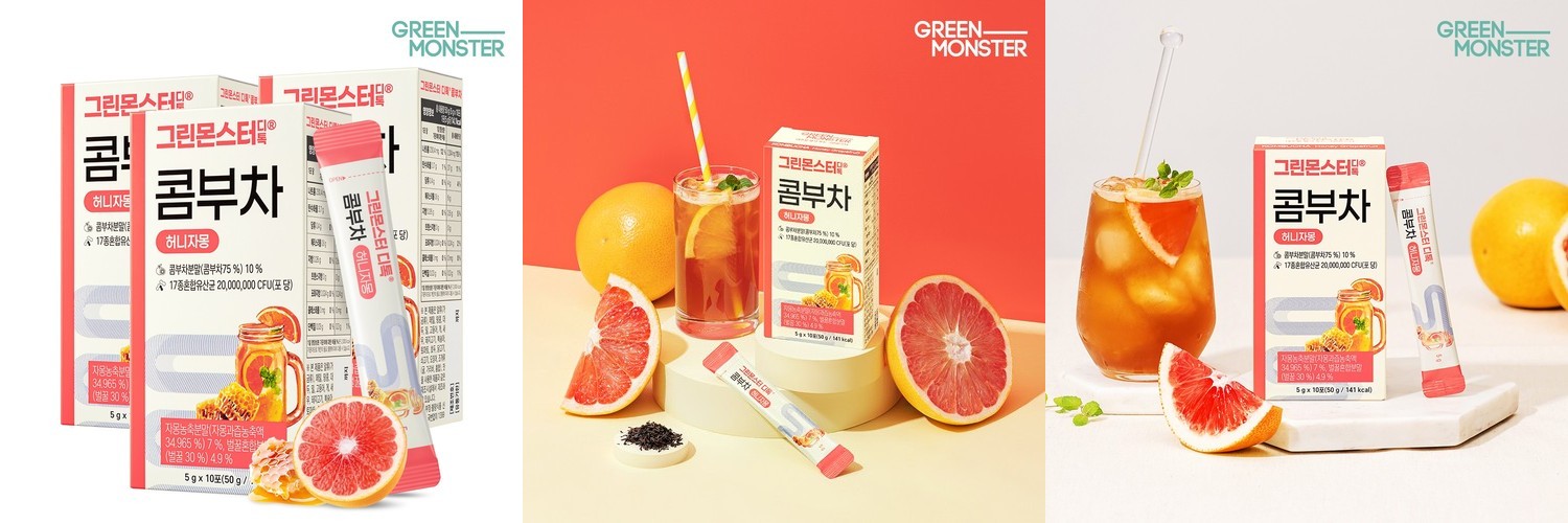 그린몬스터 디톡 콤부차 허니자몽 20억 유산균 3박스 30스틱 (블랙티 자허블 TEA 로우칼로리 저칼로리 당류0% 콤푸차 꼼부차)