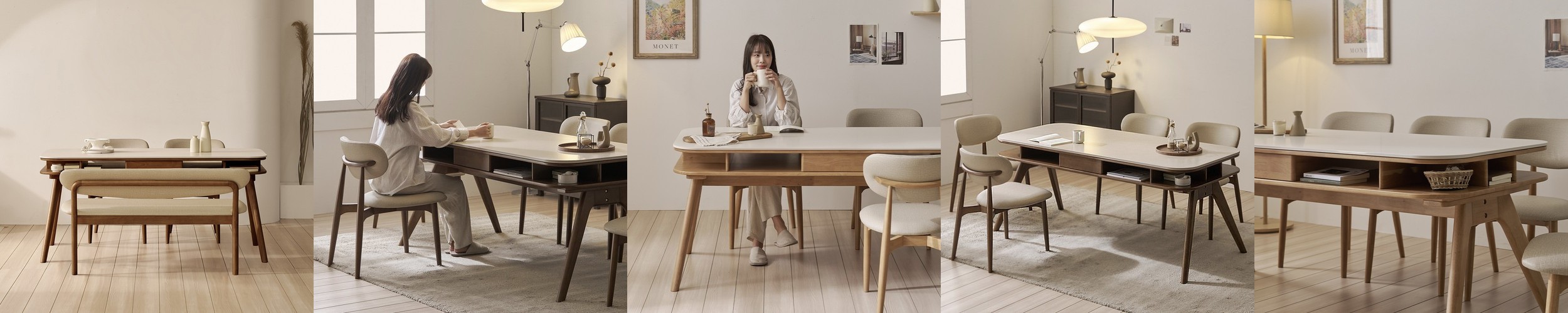 오슬로 6인용 원목 수납 포세린 세라믹 식탁세트 식탁+의자2+벤치1, 1800mm, 월넛