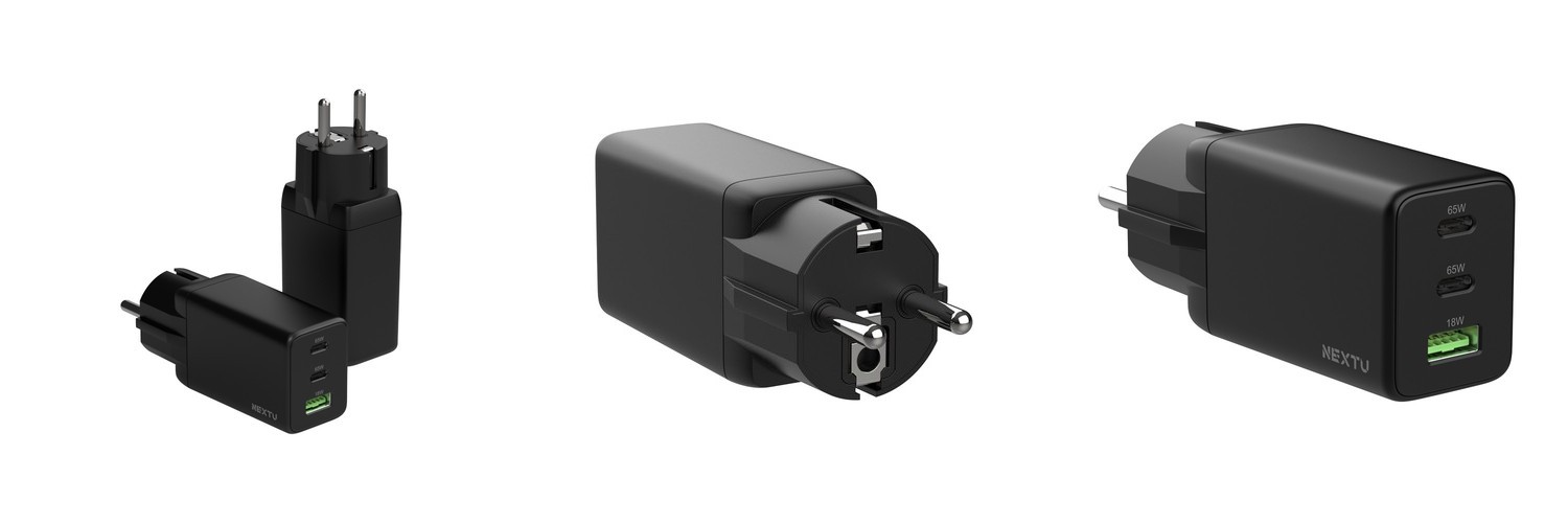 넥스트유 65W 3포트 USB PD PPS GaN 접지 초고속 충전기 블랙