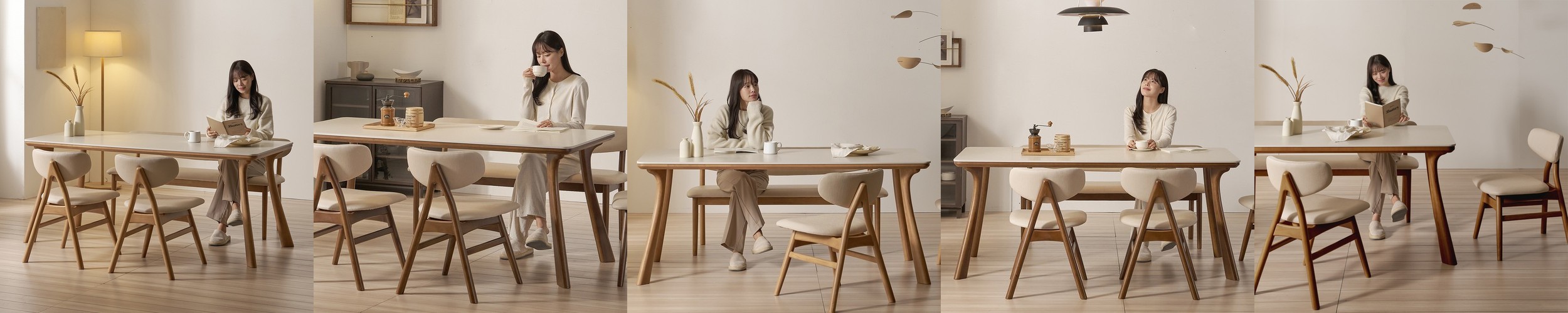 하모니 6인용 원목 포세린 세라믹 식탁세트 식탁+의자3+벤치1, 1800mm, 쿠키