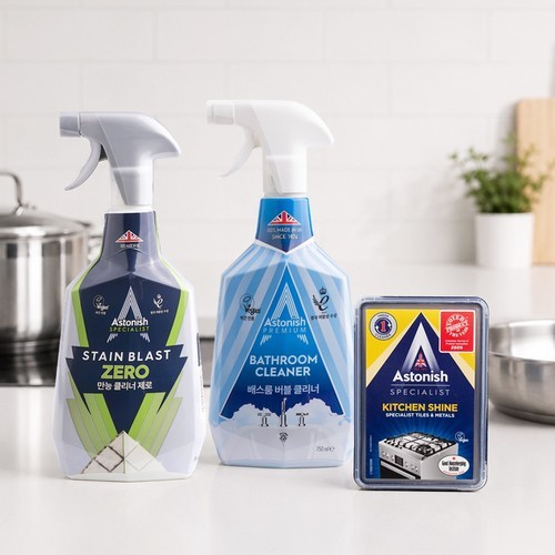 [본사] 아스토니쉬 만능클리너제로 욕실오염제거 750ml +배스룸클리너 750ml +찌든때 키친샤인 클리너 450g 3종 세트